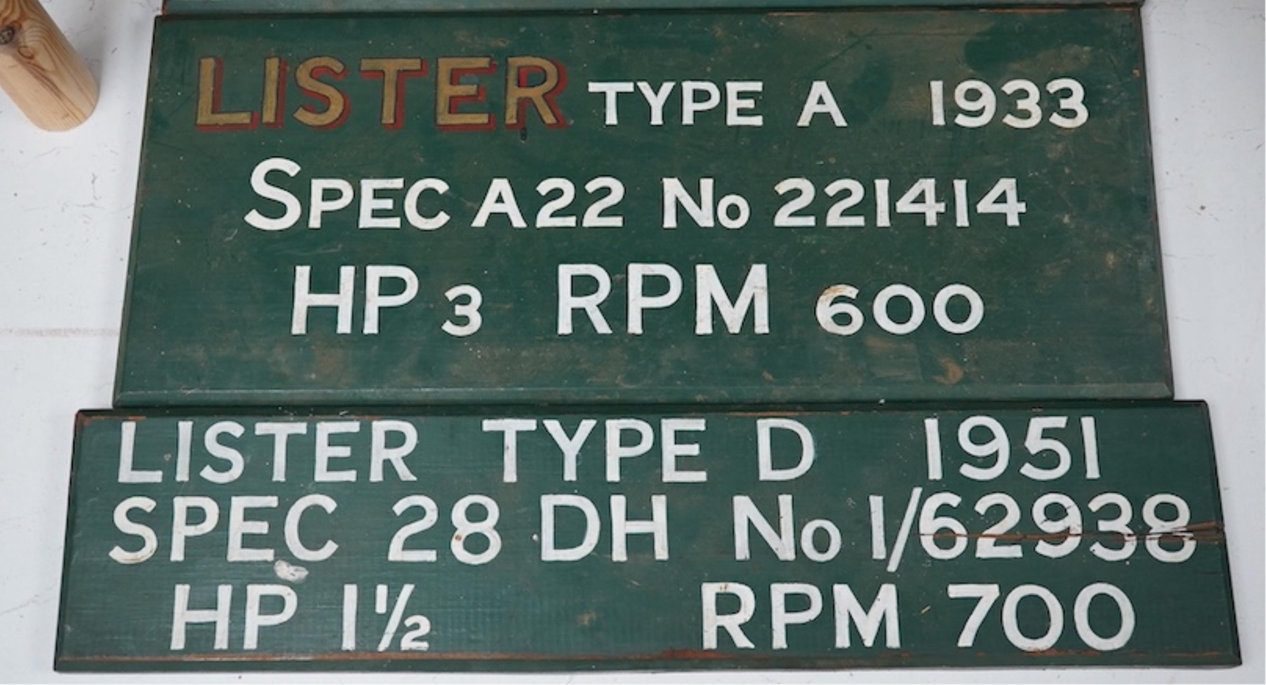 Four Lister engine painted wooden signs, dated: 1927 1933 1942 and 1951. Widest 56cm. Condition - worn in places